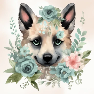 super cute newborn baby German Sheppard clipart with huge cute blue eyes happy smiling mouth painted in watercolor style, splashes, muted pastel blush pink and muted pastel sage green and muted pastel sage blue eucalyptus and peony flowers, white background jasmine becket griffith style 8k hd
