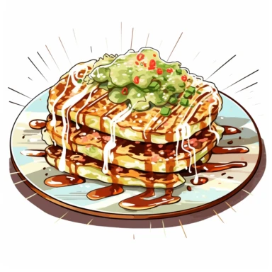 Visualize a vibrant, detailed clipart of a mouth-watering okonomiyaki. The savory pancake is filled with a variety of ingredients like cabbage, pork belly, and green onions. It's topped with a beautiful pattern of mayonnaise and okonomiyaki sauce, and finished off with a generous sprinkle of bonito flakes that appear to dance on the pancake. All set against a clean, white background that accentuates the colors and texture.