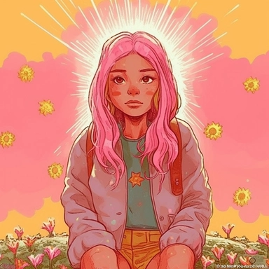 inspired by old story kid vintage style book clipart, flat, illustration of a beautiful girl, use light baby colors, wearing jacket with many cute and funny deign buttons, pink hair, great lightning, extremely detailed girl, solo, sharp focus, standing, light smile, closed mouth, highres, jewelry, looking at viewer, very long hair final fantasy xivbeautiful detailed eyessurrealism and comic books by Paul Davey