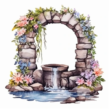 Clipart, isolated on white background, beautiful cute Watercolor water well through the stones, forest woodland nature landscape scenery, plants and flowers, ornated, pastel colors