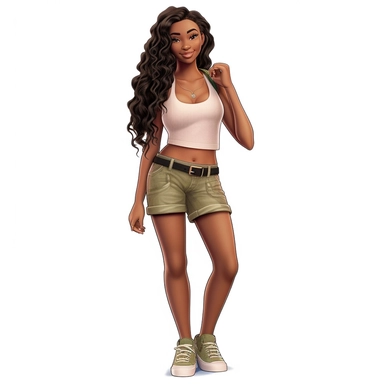 beautiful black teenage girl with beautiful long hair to her waist, dressed casually. Full perspective and, long shot A young black woman with full lips and a big beautiful smile, dressed in khaki shorts and a tank top, has long hair and beautiful shapely legs, wearing heels, clipart in the style of digital airbrushing, feminine sticker art, dollcore, realistic face, realistic body, glamorous,