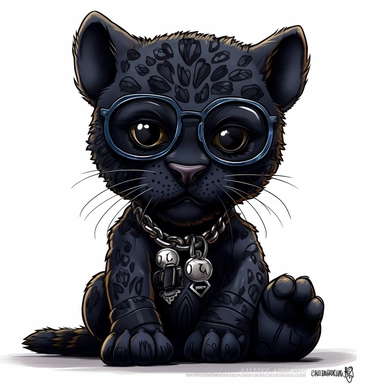 kawaii adorable black panther wearing cute glasses, nursery art, clipart image, line art image, white background, inspired by yoshitaka amano art, very detailed, 8k
