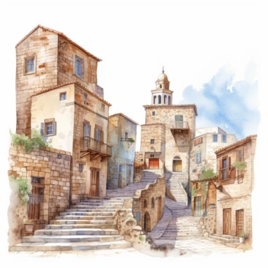 watercolor mardin town in turkiye, illustrations clipart set, simple, , cartoon elements ,different variants , historic stone houses,historic buildings, cobblestone lanes, tone facades of the buildings, Mardin's stone Alleyways separate elements with a margin