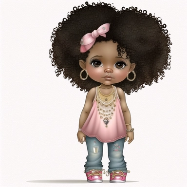 clipart, transparent background, 300dpi, baby diva girl standing, wearing baggy jeans, pink tank top, wearing really high gold high heels , big pearl white necklace, curly hair, bow clip on hair, looking cute and chic