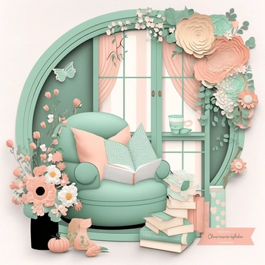 Bookworm cozy reading corner, flowers, window, mint green and peach color, clipart