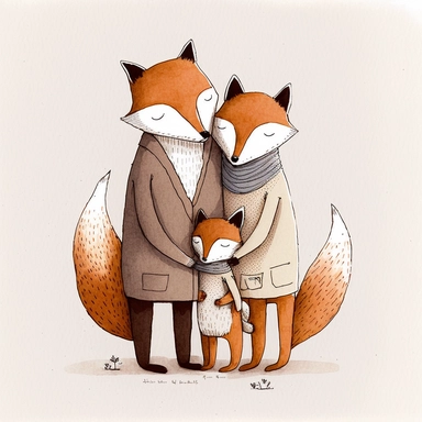 watercolor and ink drawing of a portrait of a family of three happy foxes, one mom fox, one dad fox, one baby fox, clipart, embracing each other, cute pose, cartoon, doodle, happy, smiling, beautiful watercolor ink wash coloring, thick pencil lines, Jon klassen, Adrian tomine, popular on etsy, watercolor illustrations clipart, watercolor illlustrations for kids and children, book illustrations, plain white background