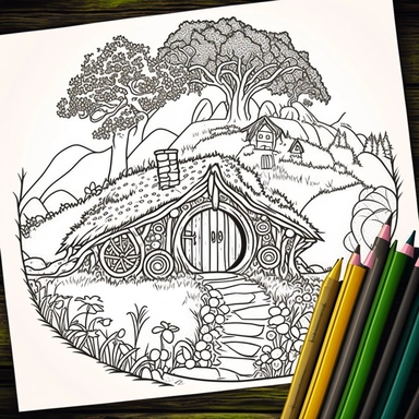 Coloring book page for kids, a hobbit house in a hill, clipart, cartoon kids style hand drawn line art, black and white