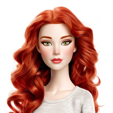 Beautiful pretty barbie doll style, red hair, paint art style, detail, clipart, white background, superrealistic, one of a kind