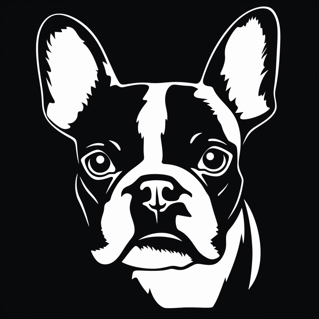 the image of a white Boston Terrier on black is shown, in the style of ...