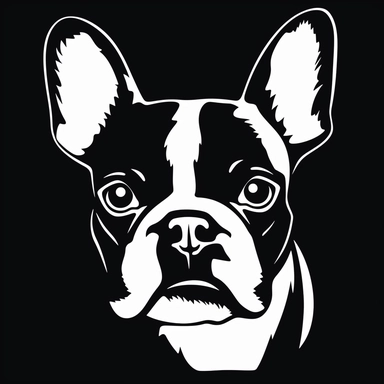 the image of a white Boston Terrier on black is shown, in the style of stencil art, heavy outlines, flickr, hard edge, sculpted, woodcut, clipart cut file cuttable cricut vector