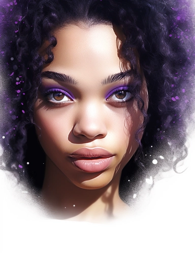 realistic portrait African American woman with Violet Eyes, style: sparklecore, clipart, white background, 32k