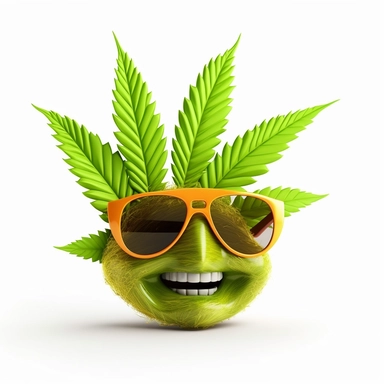 Clipart of a mellow cannabis bud with sunglasses and a smile on a white background