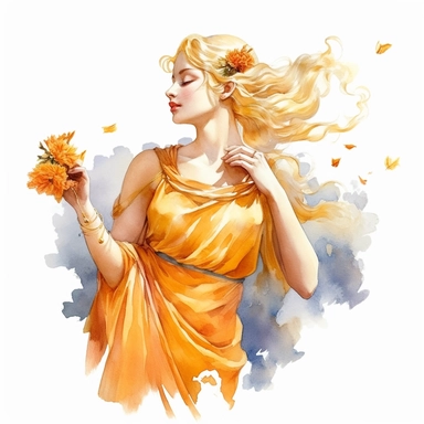 Ancient Roman Mythologic Style Beautiful Blonde Goddess smelling flowers on the clouds with watercolor effect,Saffron coloured cloak,ancient roman fashion,ancient scene,suitable for digital clipart,white background,Unrealistic Effect