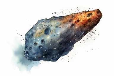 Watercolor, Design an image highlighting a V-type asteroid, characterized by basaltic composition clipart, hd, on a white background, spaced out