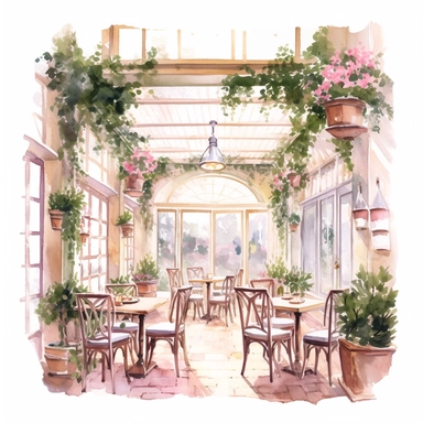Dimetric illumination of a a cute watercolor small cafe inside with tables and spring pink flowers , french cafe, with plants plants, god rays, high quality, intricate design, clipart witchcore dreamcore cottagecore white background no text, isolated on white, ghibli style, award winning