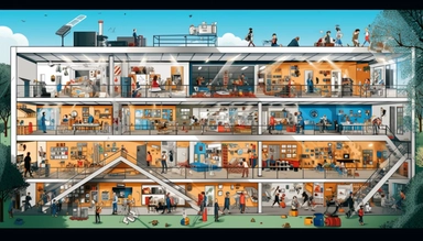 illustrated creative design university space, lots of people are working, hidden object, funny, minimalistic, vector clipart, 8k, high detail
