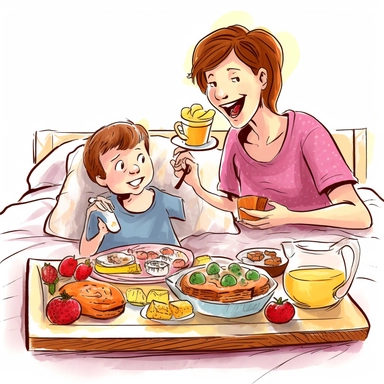 A hand-drawn clipart for Mother's Day on a white background, depicting a child serving their mother a surprise breakfast in bed. The mother's surprised and delighted face is the centerpiece, with the tray of colorful breakfast treats in sharp focus. The drawing style is charming and joyful, capturing the child's eagerness and the mother's appreciation, adding a personal touch to the Mother's Day celebration