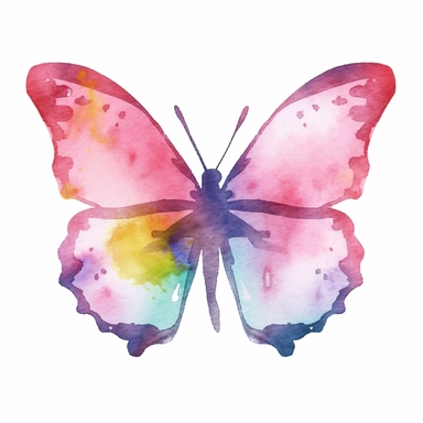 Watercolor Butterfly clipart, flat style, no volume, few details, washed out, minimalistic style, very lose details, very light colors, transparent colors, light airy hues and pastel tones, spaced out, white background, washed out colors and paint, hand - painted watercolor, watercolor spray, watercolor splash, splatters and paint smudges on top of Butterflie, watercolor paper with visible rough paper texture, a variety of watercolor brushes, do not cross workspace borders, rough watercolor pape