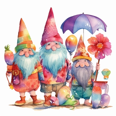 Watercolor painting clipart of Mexican gnomes ready for the beach, with flip flops, beach balls, margaritas, sunshine, towels, sunglasses strong colors