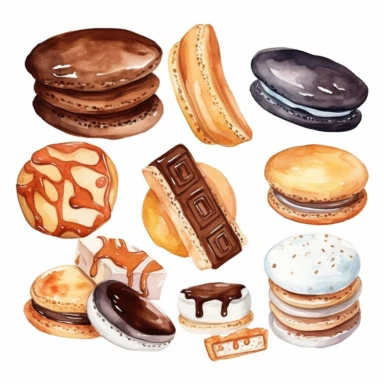 Imágenes prediseñadas de galletas de acuarela. Dulces y postres clipart. Galleta con chispas de chocolate. hand painted ilustration, white background