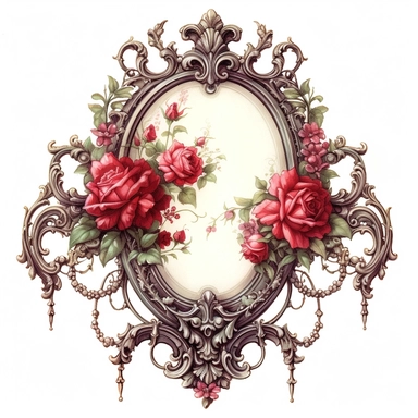 old victorian era, mirror, painting, a small amount of red roses, vintage style colors, intricate details, elegance, charm, clipart, white background