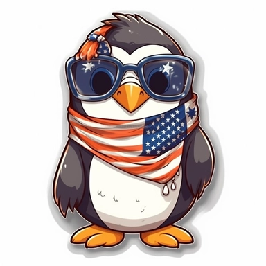 Sticker, American flag with penguin scarf and sunglasses Sublimation Clipart, Cartoon funny, Cute anime, Very detailed, white background