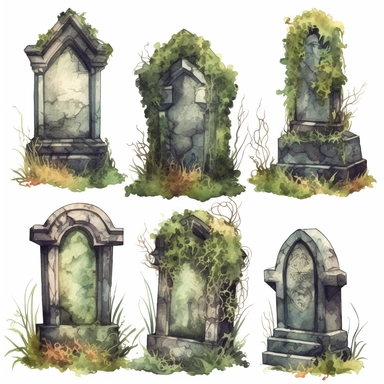 watercolor clipart set of intricate gravestones, overgrown with moss, dark art aesthetic, high definition, moody colours, 8k