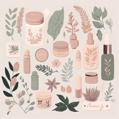 A collection of elegant aesthetic self care stickers including scented candles, hydration mask and Gua sha, home deco, plants, make up, lipstick, jewelry, sunglasses, and accessories in a boho dusty color palette, Svg, clipart, illustration, high resolution.
