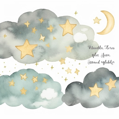 watercolor and gold glitter clouds, stars, moon and sun clipart, free margins