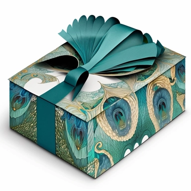 clipart watercolor flat box in peacock pattern with huge long bow on top