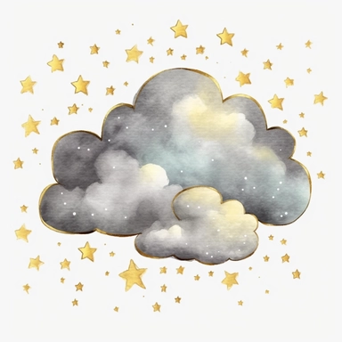 watercolor realistic cloud with gold stars clipart, single clipart, high resolution, light color, 8k