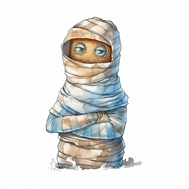 watercolor style, Mummy: A wrapped-up figure representing an ancient Egyptian mummy, depicted with bandages and glowing eyes. clipart, isolated on white background, 4K