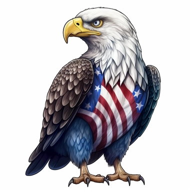4th of July Patriotic Clip art of patriotic bald eagle, png Full body realistic cartoon in 32K UHD cute, 15 cm thick outline. Black color, 8k with realistic watercolors and detailed illustrations. PNG clipart, transparent white background