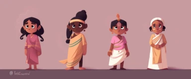 cute indian characters clipart, in the style of traditional techniques reimagined, dark white and light magenta, firecore, humanistic empathy, #vfxfriday, neogeo, humble charm