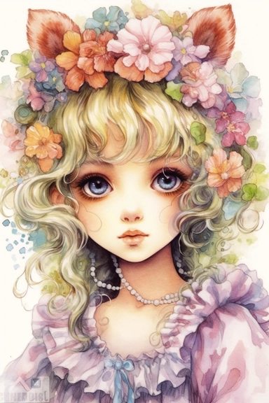 Fairy tale girl with a beautiful innocent kawaii 80s painting Watercolor clipart, hugh eyes, sarah kay and holly hobbies