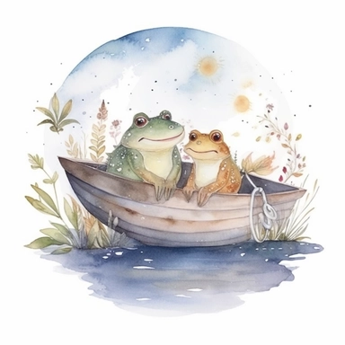 cute Cottagecore frog and toad in a boat on a pond with celestial accents, Clipart, watercolor, white background with margins