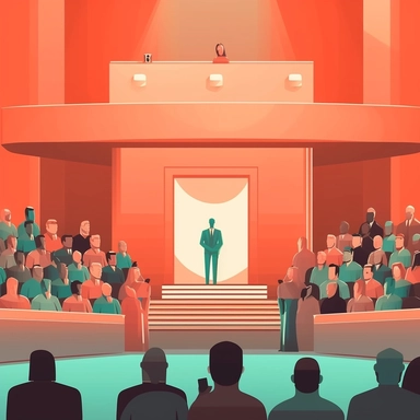 corporate clip art style background animation podium on a stage with a crowd below listening inside a university color blocked no facial features