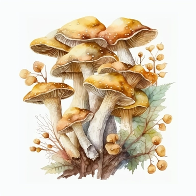 watercolor, a bunch of Birch polypore mashrooms in pastel beige color, a lot of details, good quality illustration, clipart, white background