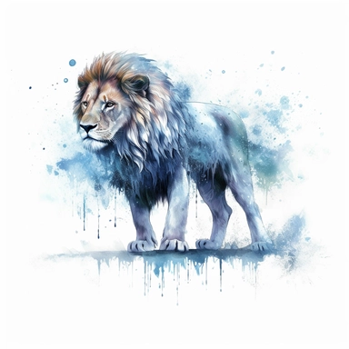 High level watercolor, hyper realistic, white background with margins, 8k, ultra detailed clipart, large, futuristic, A lion king of forest walking, its frosty breath creating swirling snowflakes and ice formations in the air, fairy, cool, pastel blue