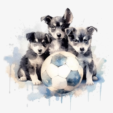 Watercolor puppies playing, with ball that resembles a world globe Clipart - cute dogs , Colour of blacka and silver, white background, vector art, high definition, clip art, ar 2:2