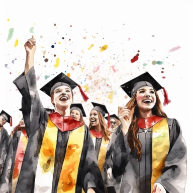 Hand drawn, watercolor, hyper realistic, white background, white margins, 16k, ultra detailed clipart, cut out image, hand-drawn, ultra HD, sharp and clean art. Graduation party music.