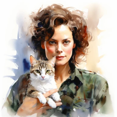 Sigourney Weaver like Ripley with Jonesy cat, character from movie Alien, watercolor painting, cinematic lighting, clipart, white background