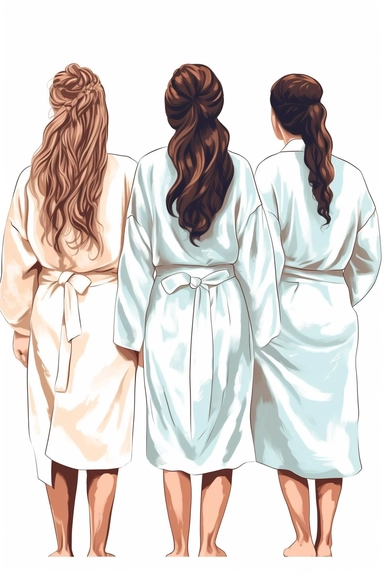 back of bride and bridesmaids on their bathrobe clipart, cartoon style