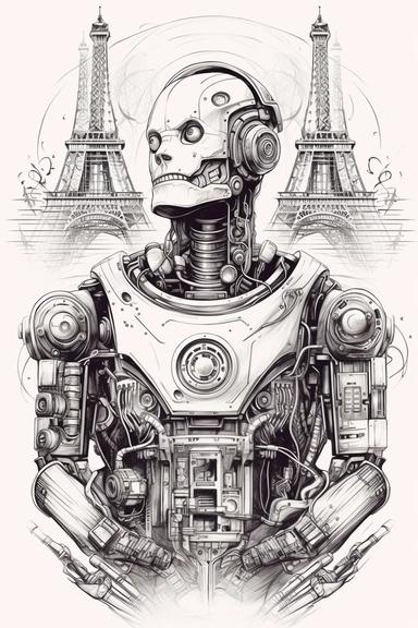 a black and white sketch of a robot, in the style of iron man, drawn like clip art with a strong and detailed feeling of liberty and art nouveau, floating above the eiffel tower in paris