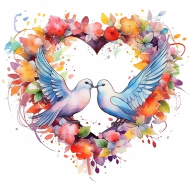 rainbow watercolor clipart of wedding doves kissing inside a floral heart wreath, colored ink illustration, good composition, vector, contour, isolated white background, 26k