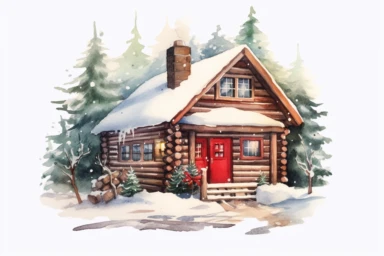 Christmas winter log cabin scene, red and green accents, watercolor clipart
