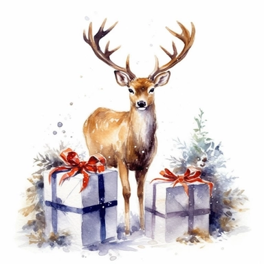 one christma deer and gift box watercolor clipart on a white background, in the style of detailed nature depictions, whimsical drawings , no watermark, text, 300 DPI , typography, shapes do not stick together, no text in the picture, on a white background
