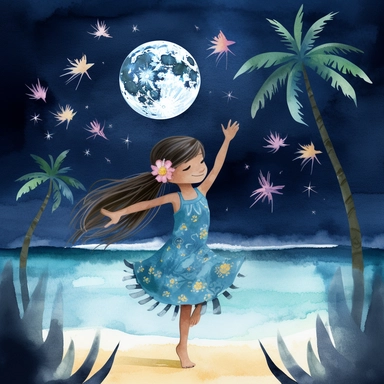 watercolour, tropical island setting, showcase an adorable little polynesian hula girl (aged 8) she is dancing under the moonlight on the beach with full moon and twinkling stars above, she is happy, she has tropical beautiful flowers in her hair, the feeling is magical, clipart style
