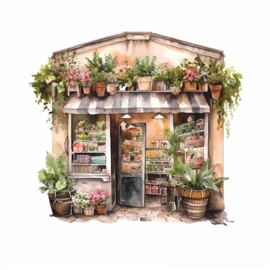 watercolor clipart flower shop , France, view from above ,single object,png,transparent ,watercolor styles, white background for removing background- - no text shadow