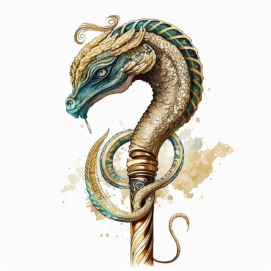 boho GOLD staff with COBRA HEAD, very detailed and realistic, watercolor, portrait , white background with margins, clipart style,